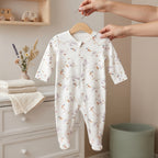 White Floral Bird Print Zipper Baby Romper