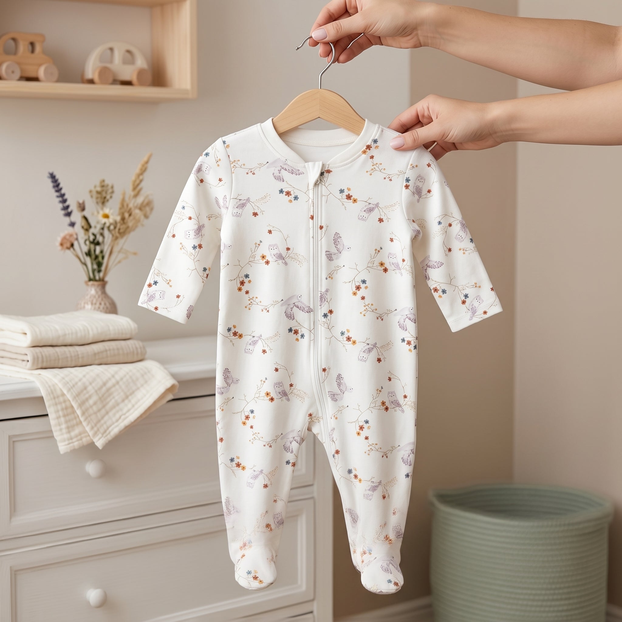 White Floral Bird Print Zipper Baby Romper