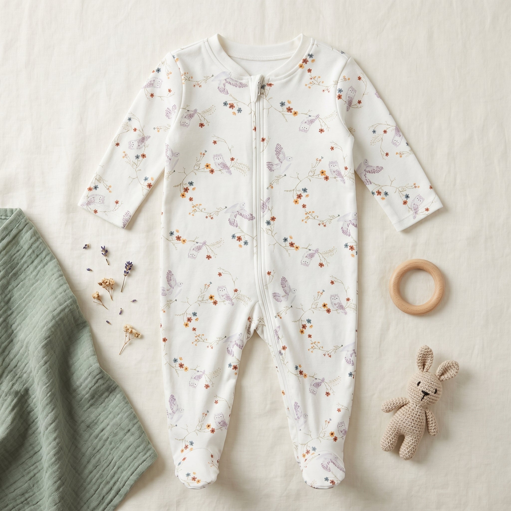 White Floral Bird Print Zipper Baby Romper