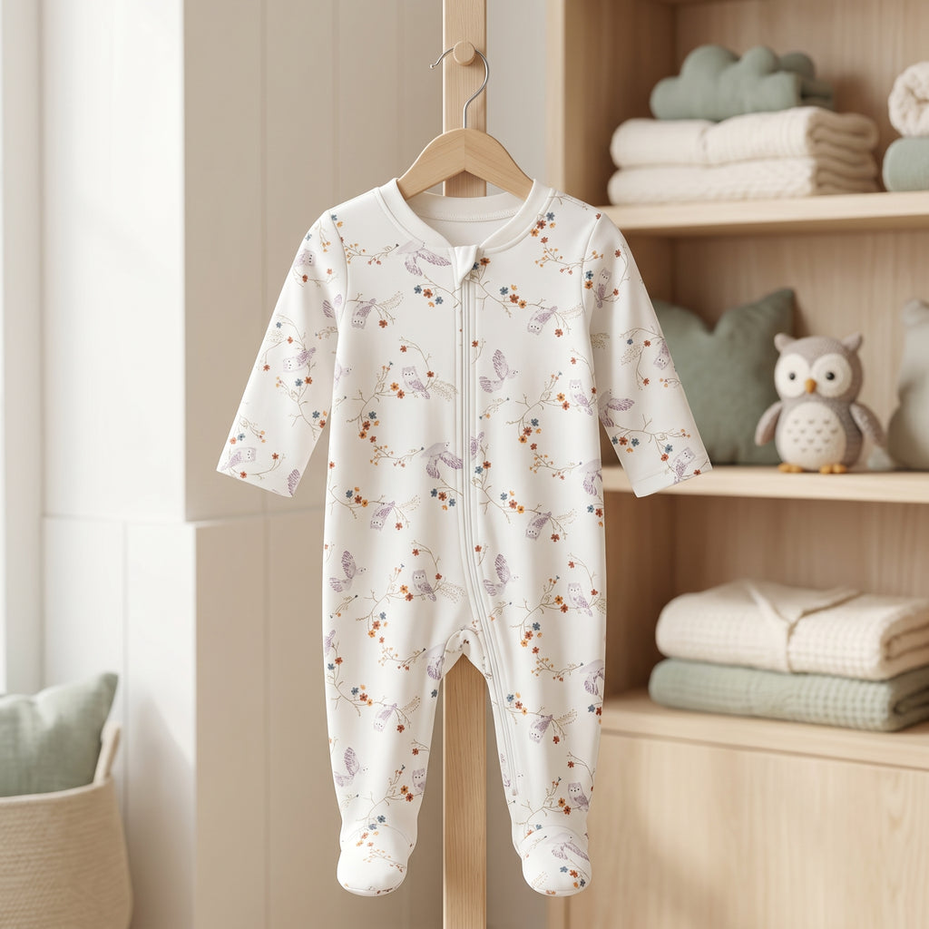 White Floral Bird Print Zipper Baby Romper
