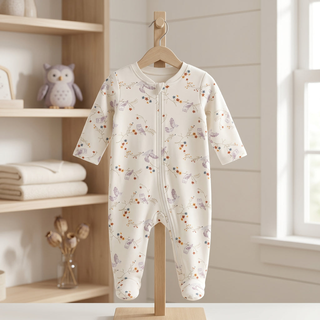 White Floral Bird Print Zipper Baby Romper