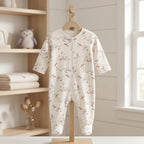 White Floral Bird Print Zipper Baby Romper