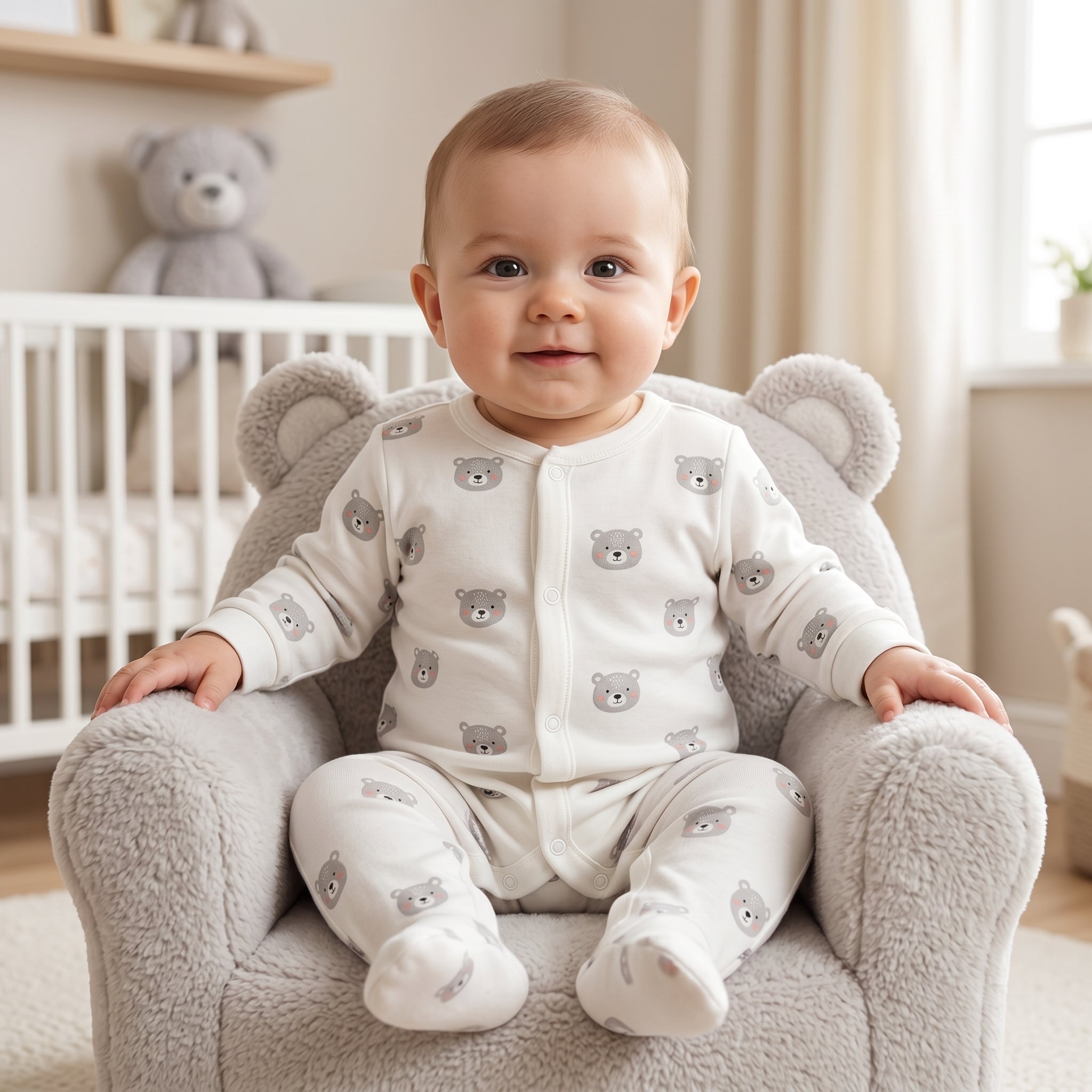 White Grey Bear Print Baby Romper