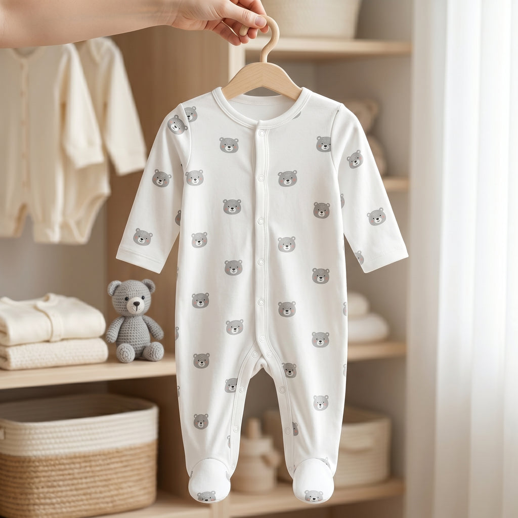 White Grey Bear Print Baby Romper