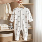 White Grey Bear Print Baby Romper