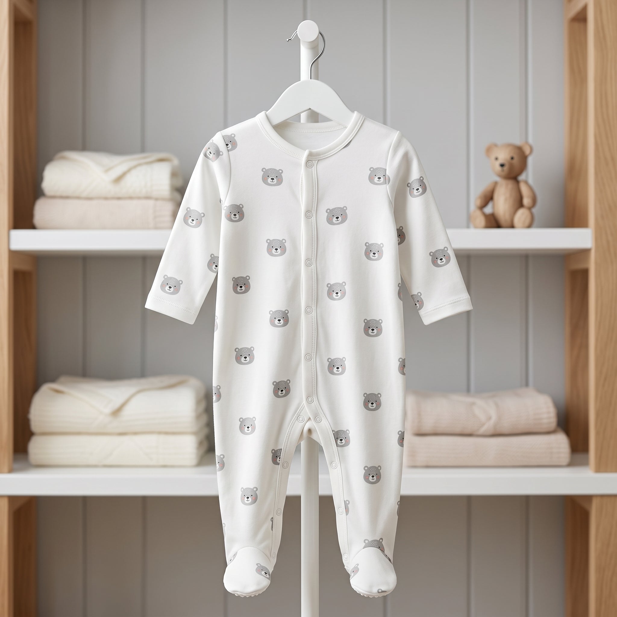 White Grey Bear Print Baby Romper