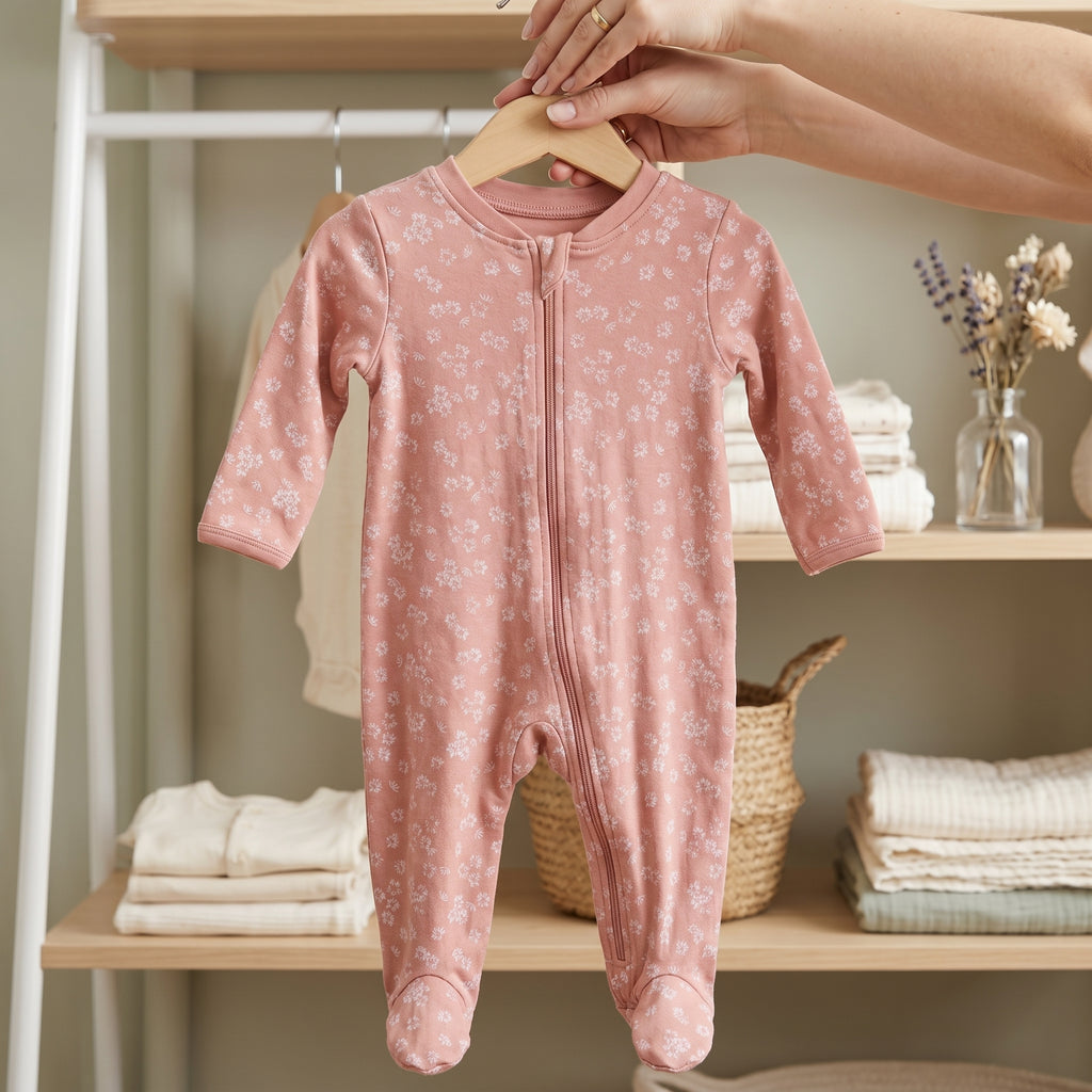 Pink Floral Zipper Baby Romper