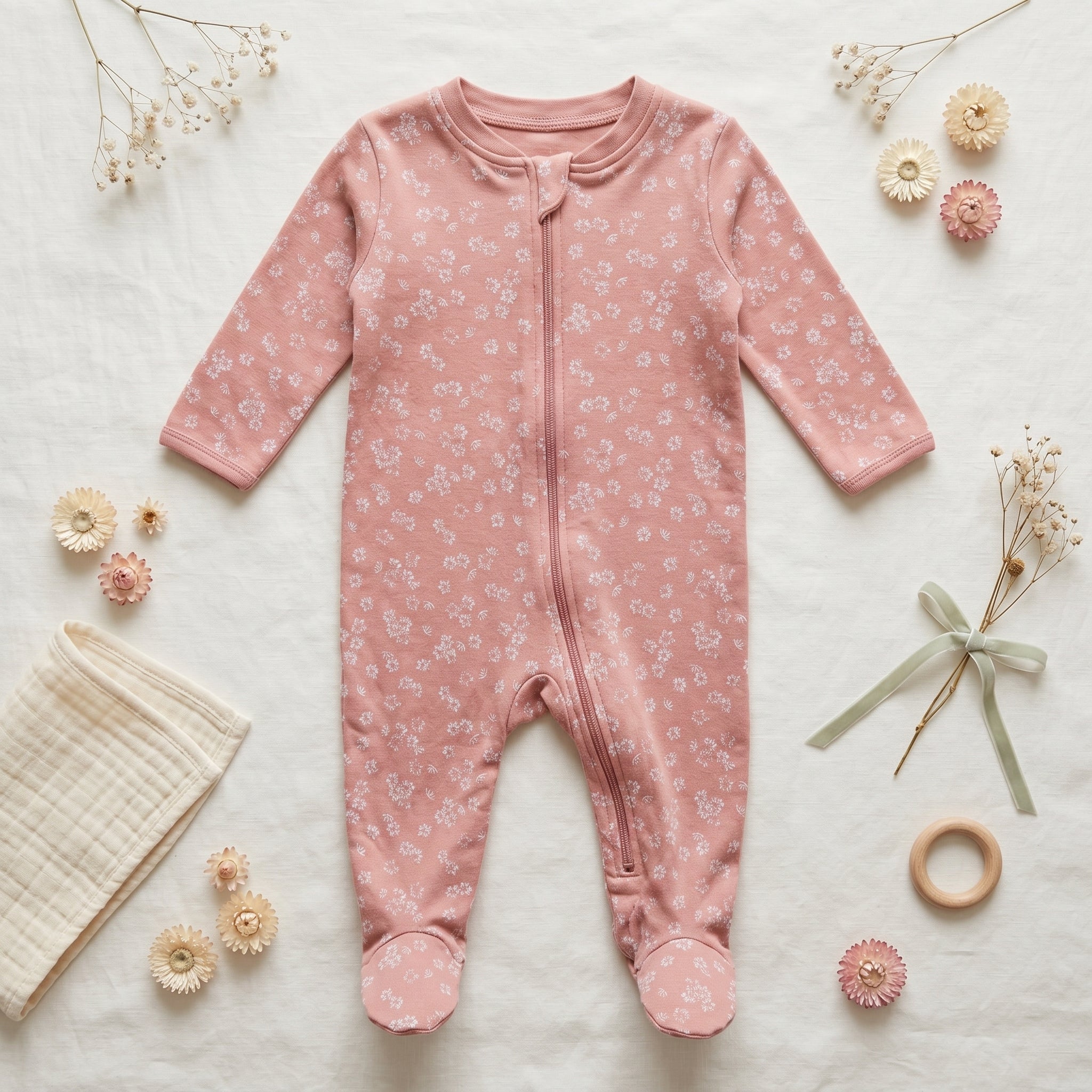 Pink Floral Zipper Baby Romper