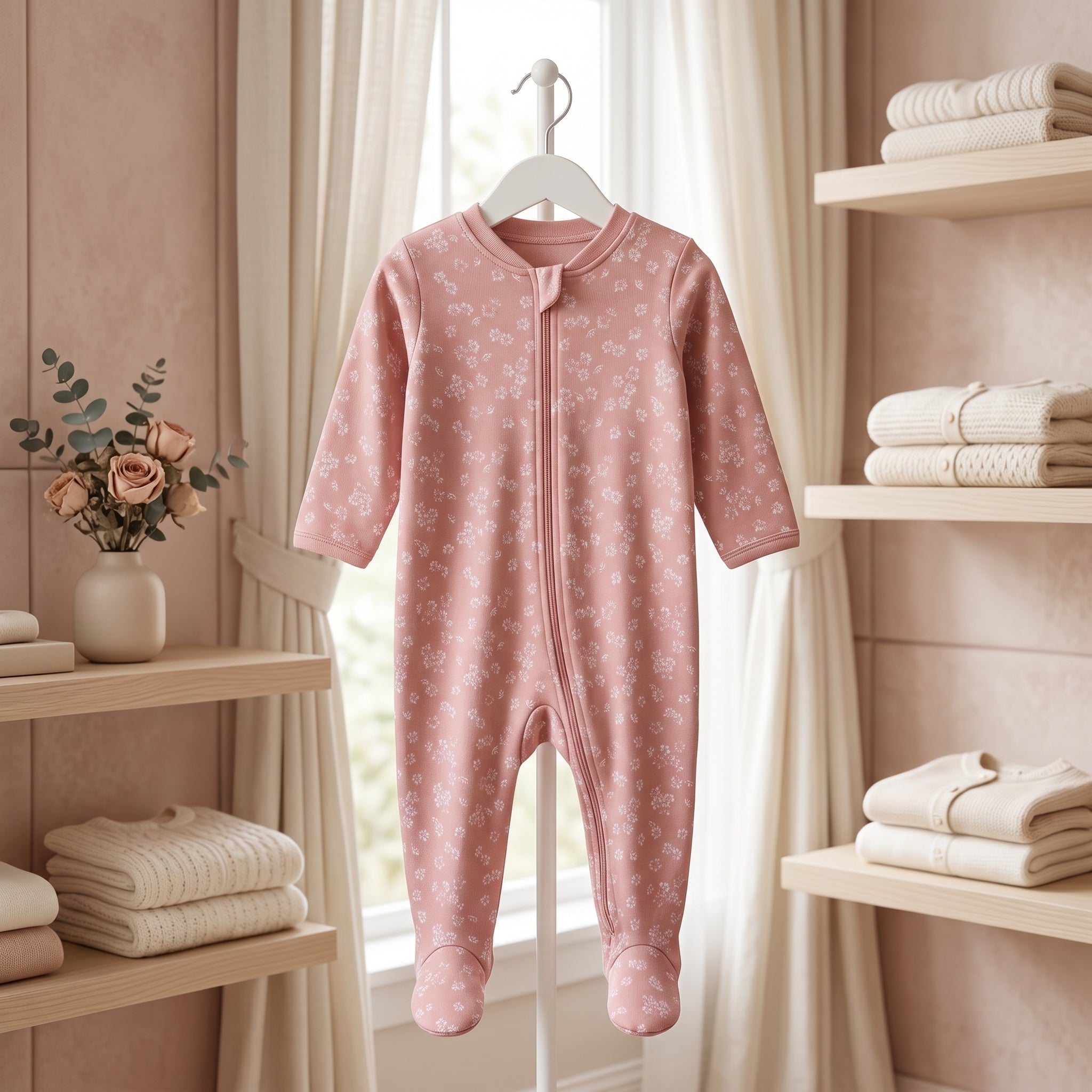 Pink Floral Zipper Baby Romper