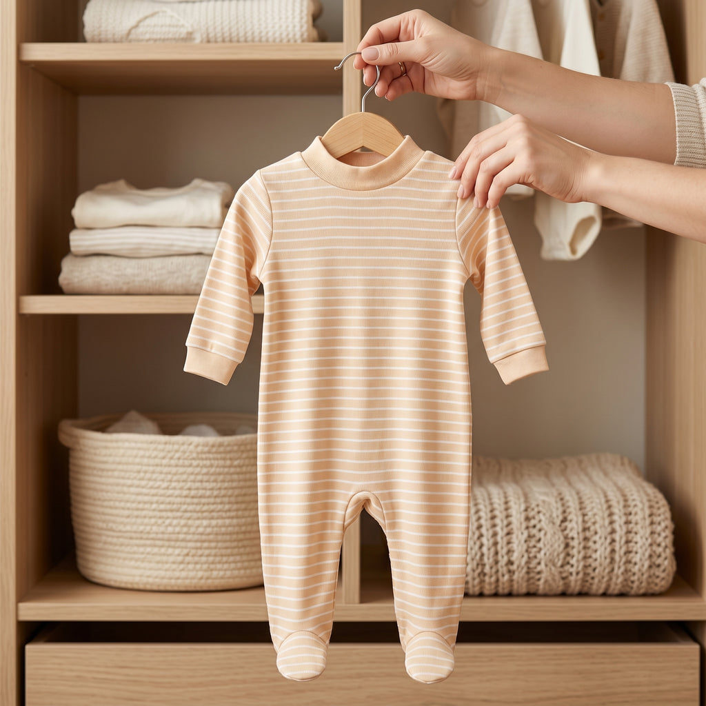 Peach Striped High Neck Baby Romper