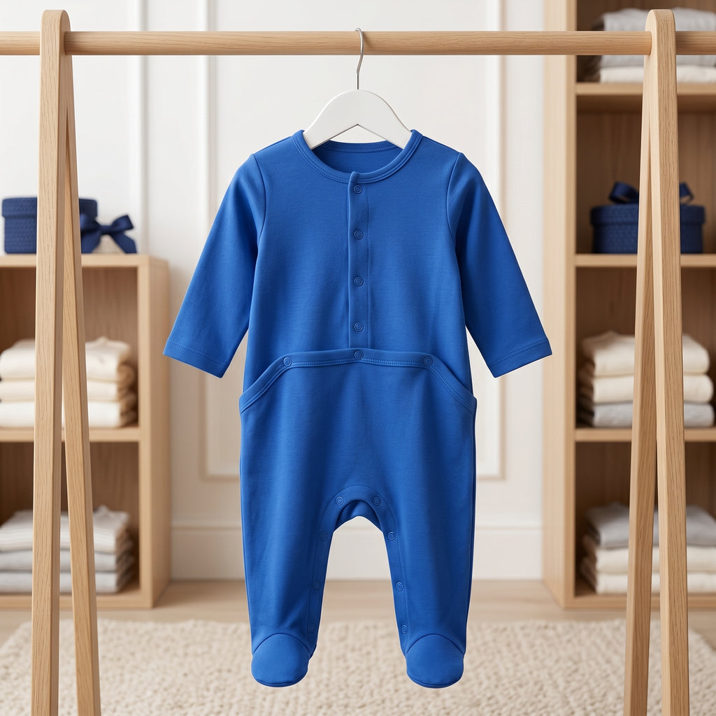 Royal Blue Plain Button Baby Romper