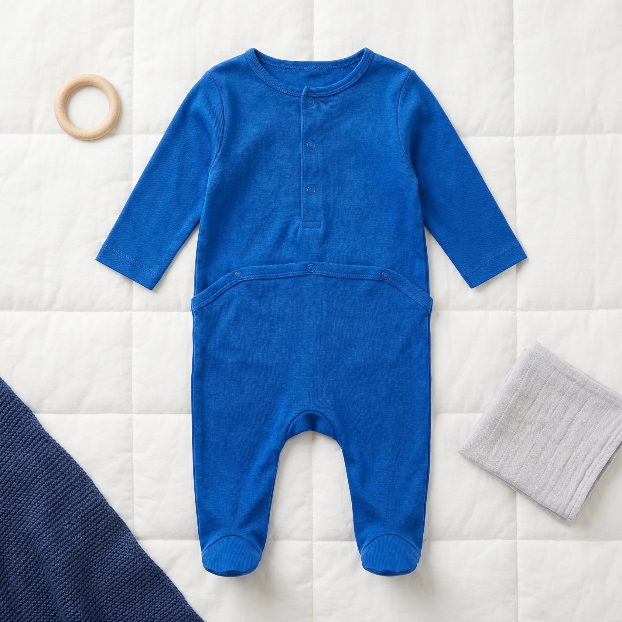 Royal Blue Plain Button Baby Romper
