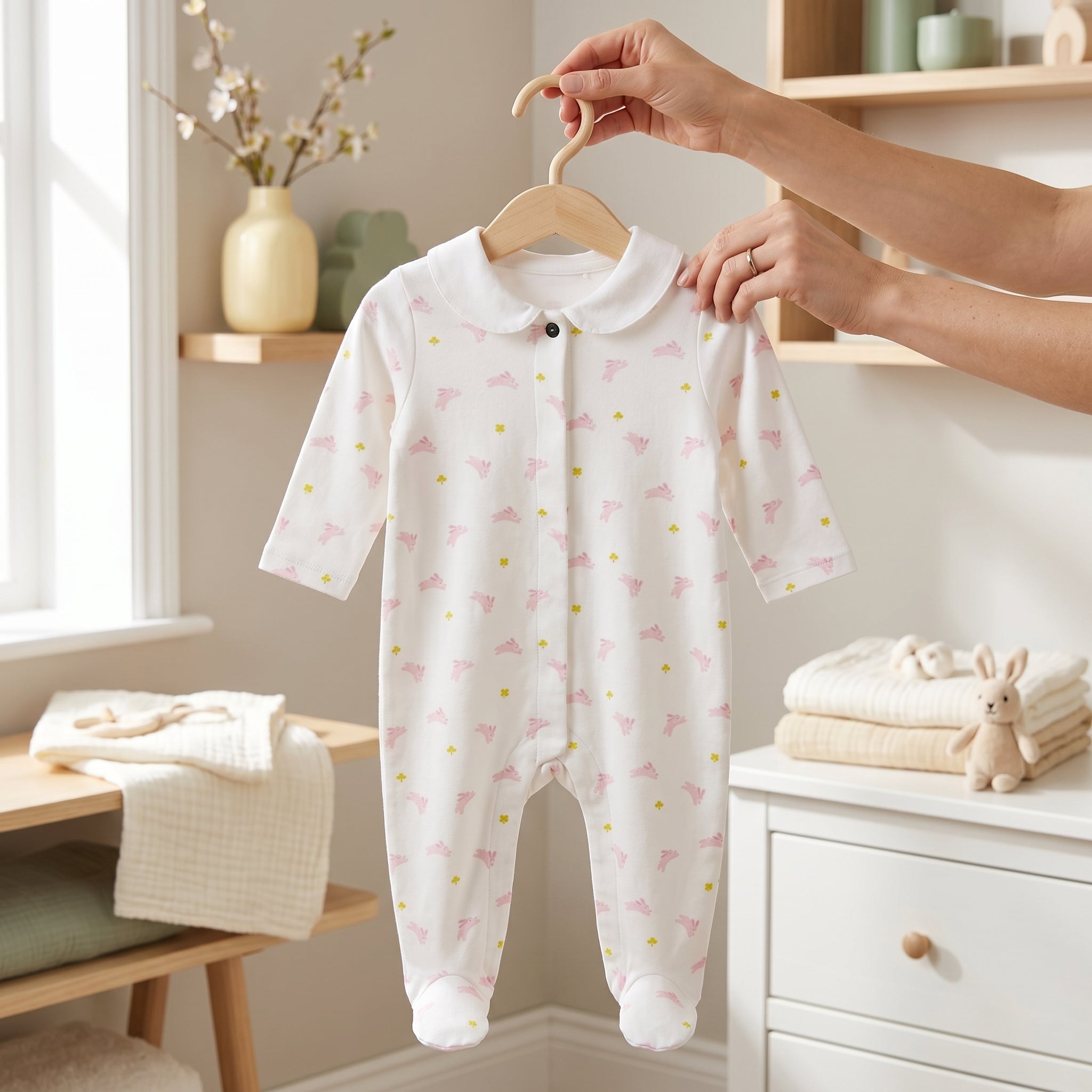 White Pink Bunny Print Collar Baby Romper