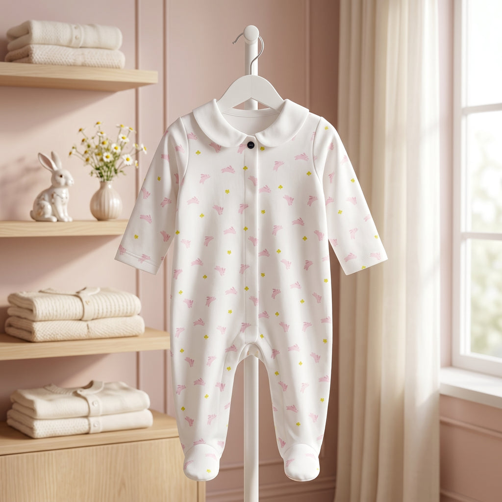 White Pink Bunny Print Collar Baby Romper