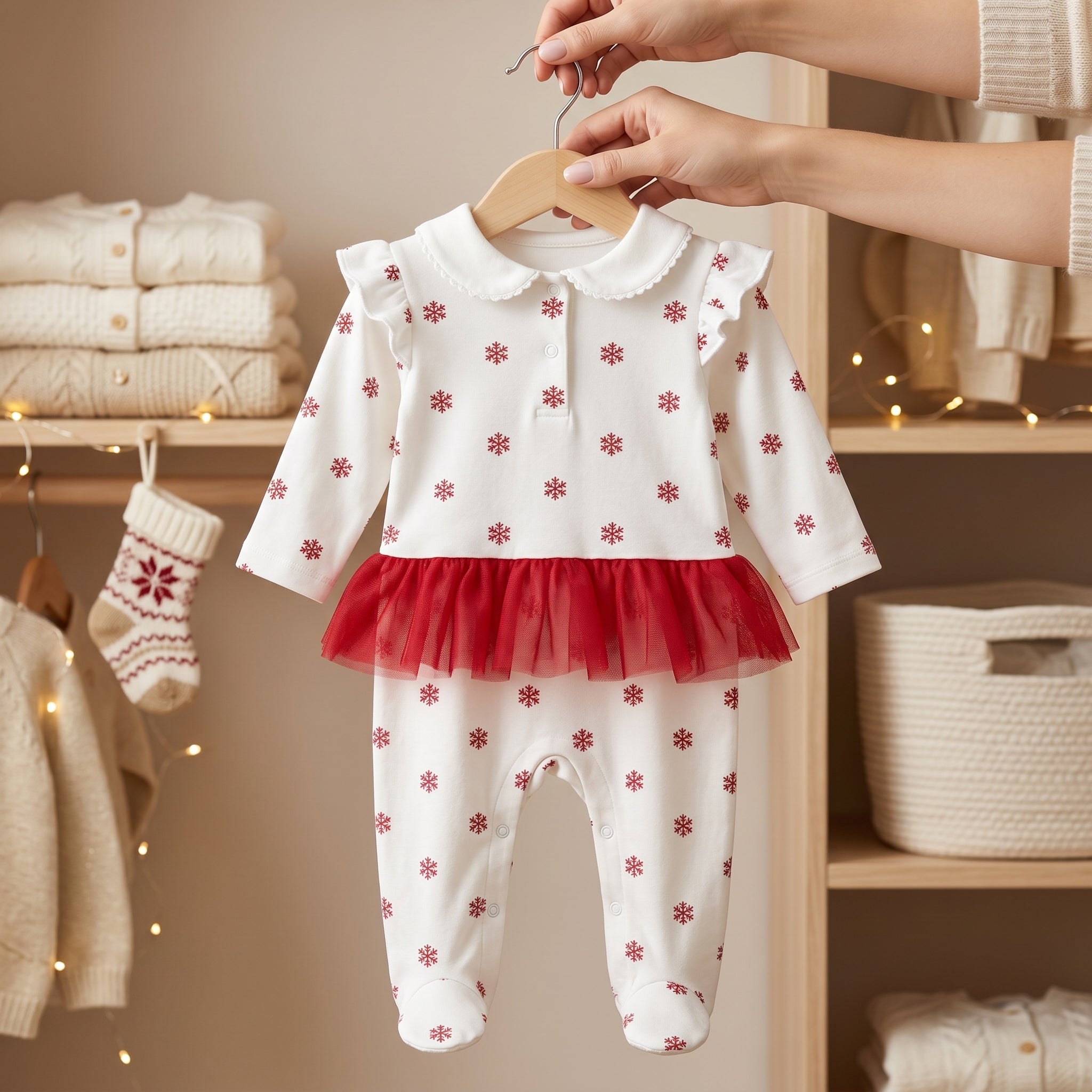 White Red Snowflake Print Tutu Baby Romper