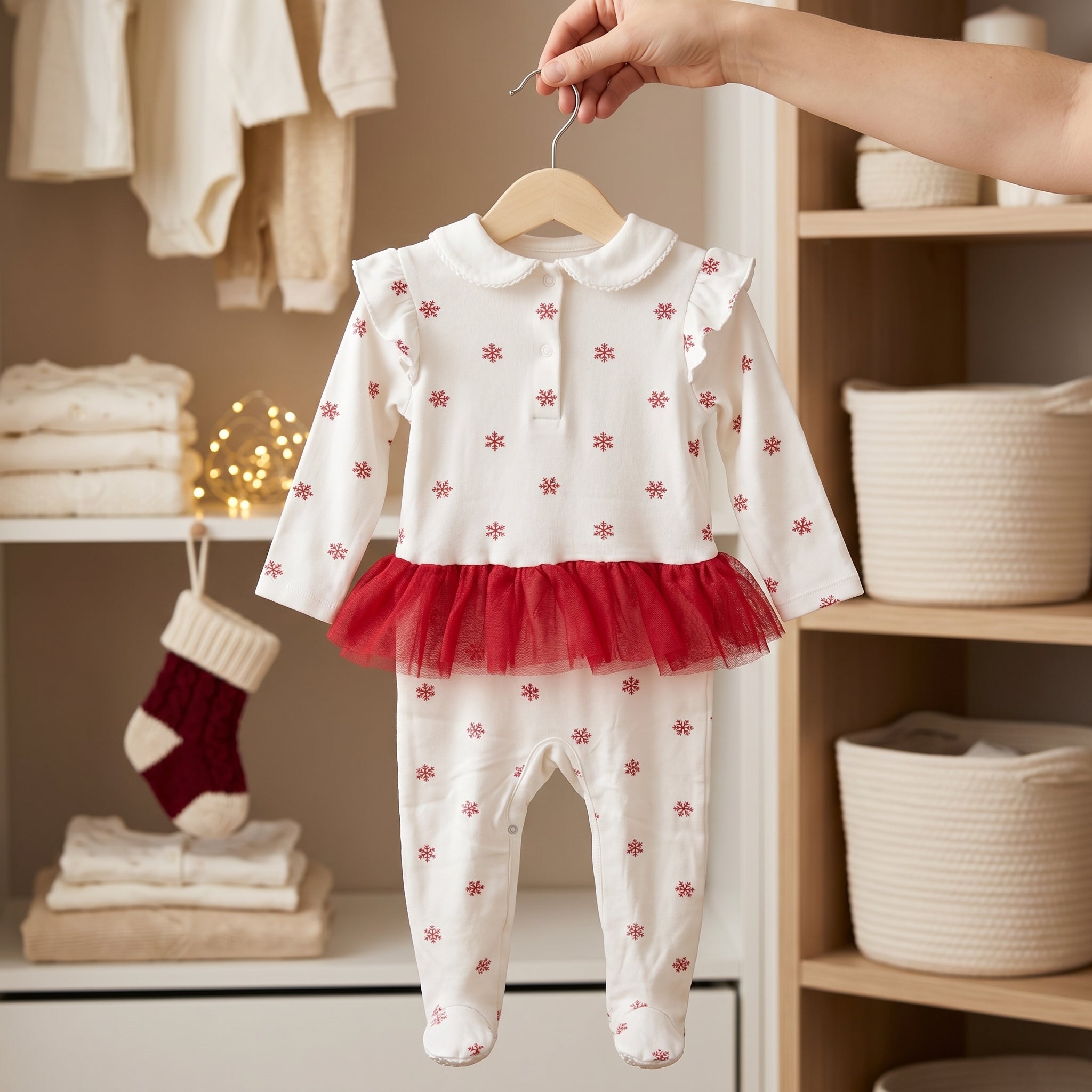 White Red Snowflake Print Tutu Baby Romper