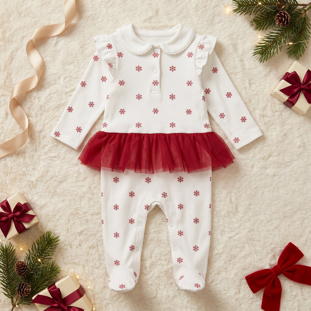 White Red Snowflake Print Tutu Baby Romper