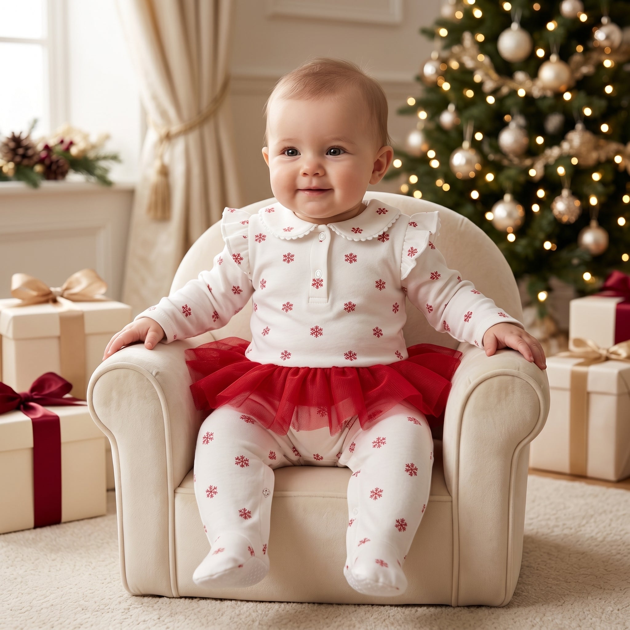 White Red Snowflake Print Tutu Baby Romper