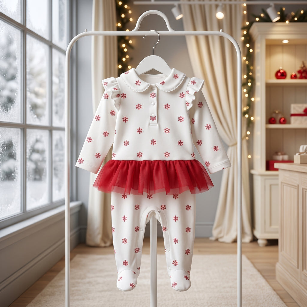 White Red Snowflake Print Tutu Baby Romper