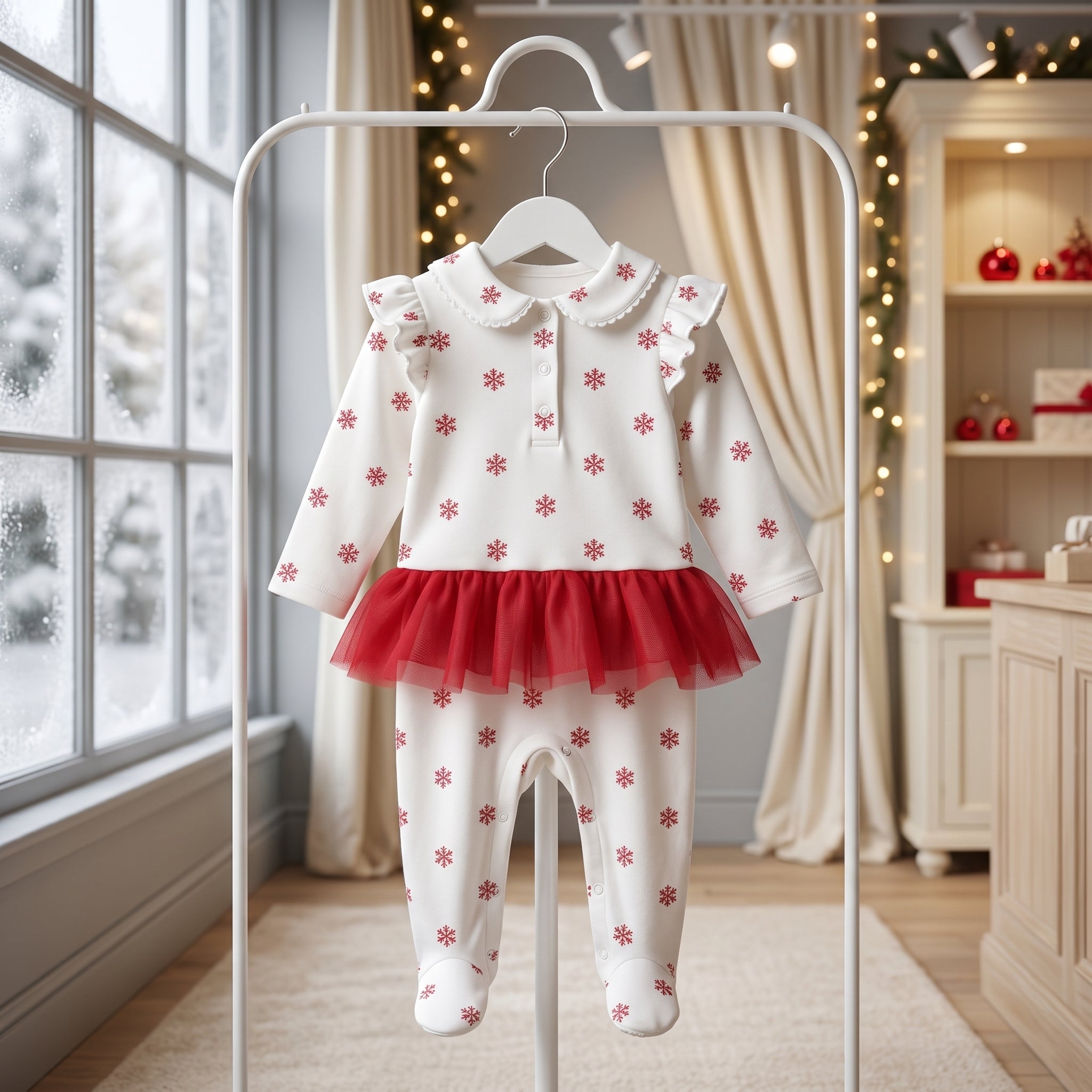 White Red Snowflake Print Tutu Baby Romper