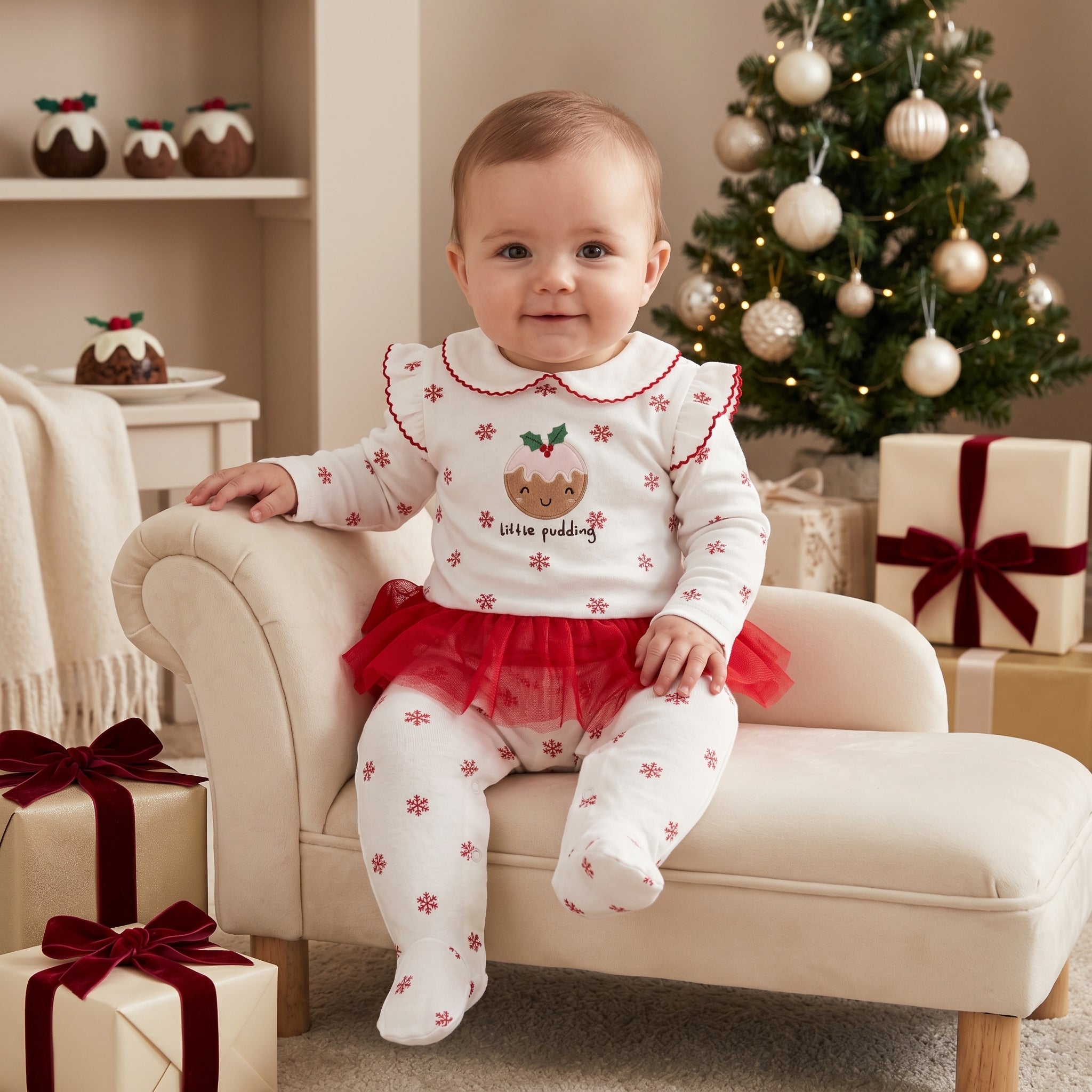 White Red Christmas Pudding Tutu Baby Romper
