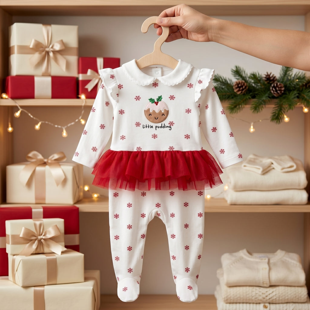 White Red Christmas Pudding Tutu Baby Romper