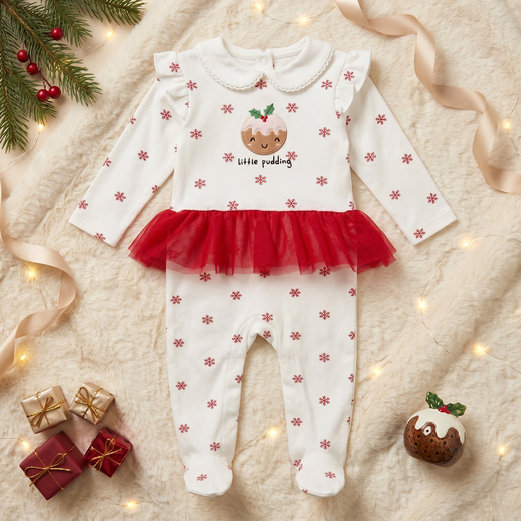 White Red Christmas Pudding Tutu Baby Romper