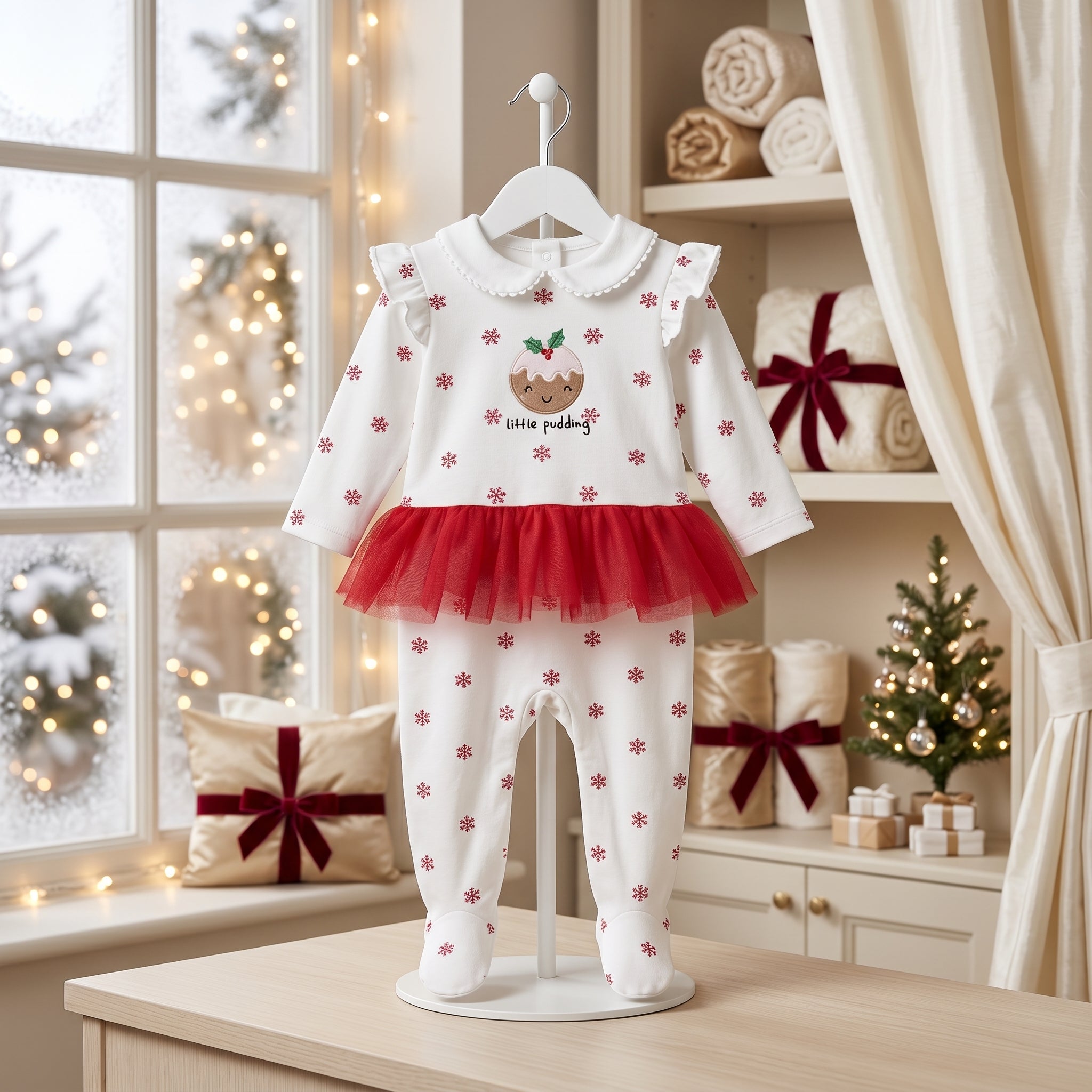 White Red Christmas Pudding Tutu Baby Romper