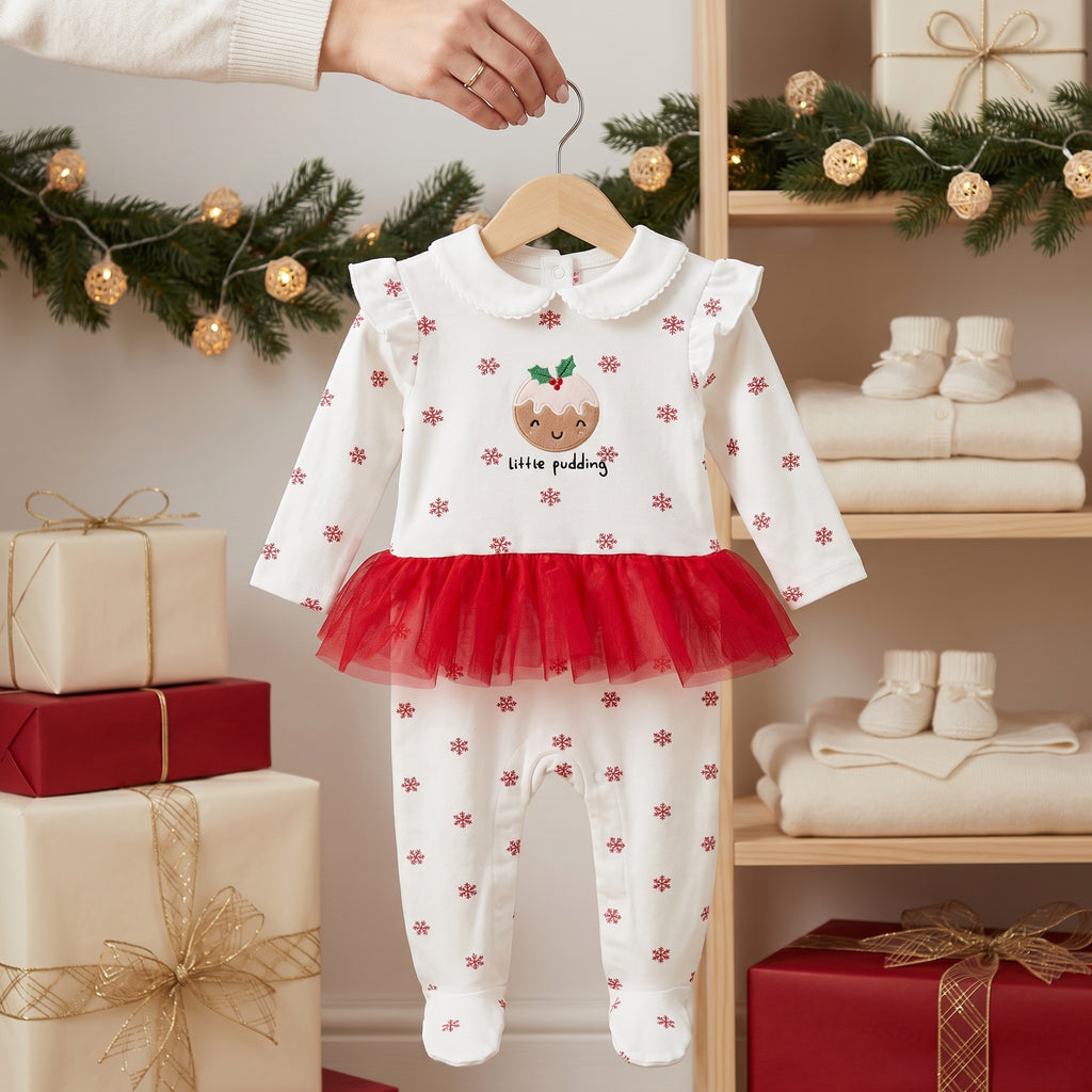 White Red Christmas Pudding Tutu Baby Romper