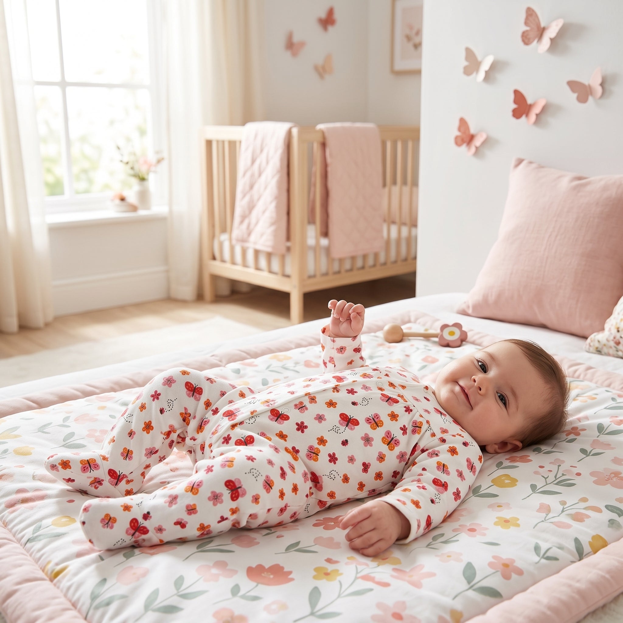 White Butterfly & Floral Print Baby Romper