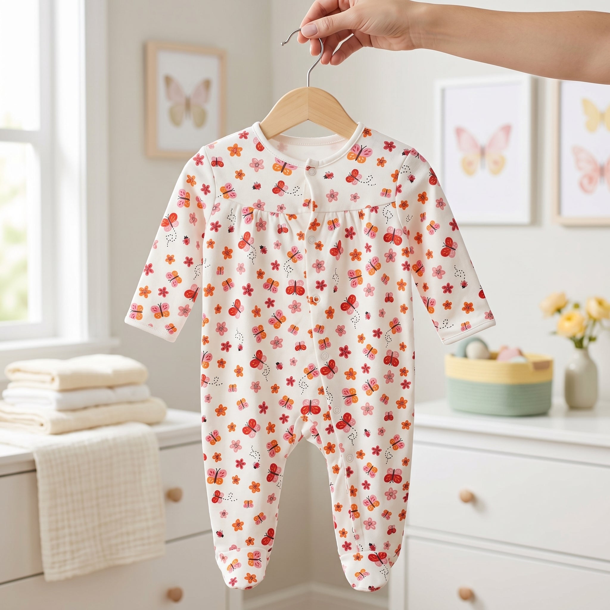 White Butterfly & Floral Print Baby Romper