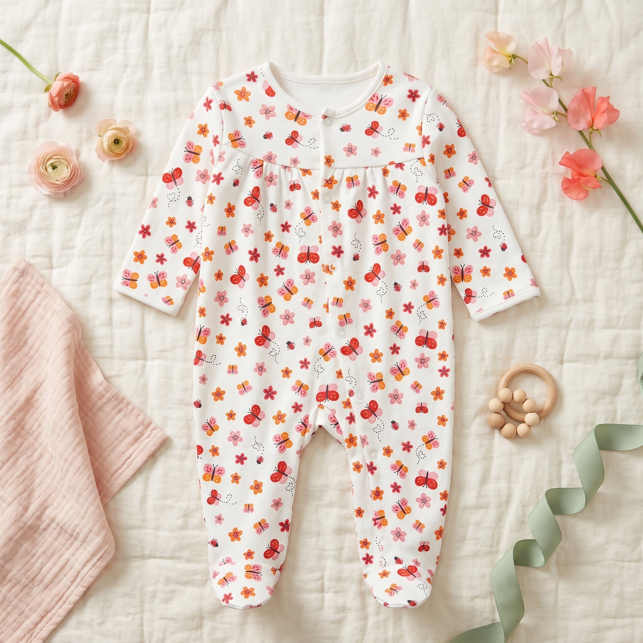 White Butterfly & Floral Print Baby Romper