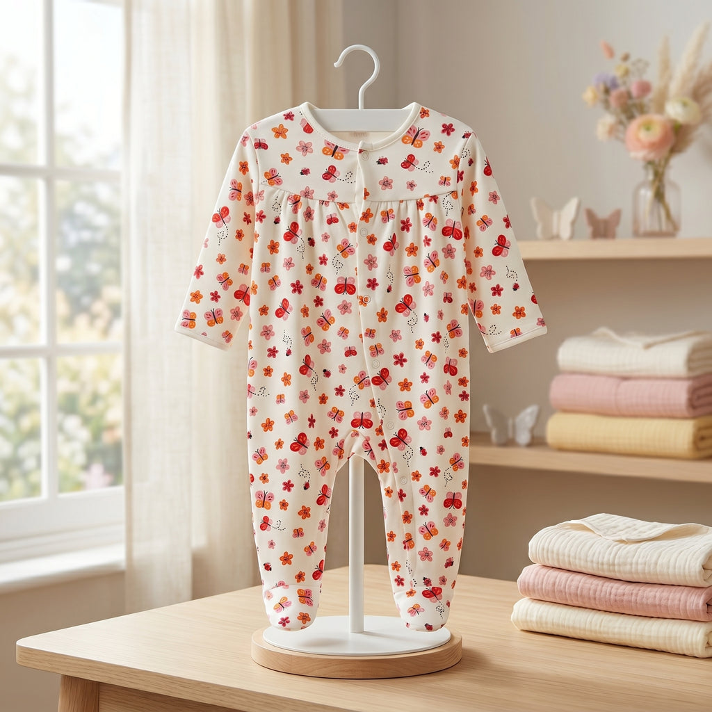 White Butterfly & Floral Print Baby Romper
