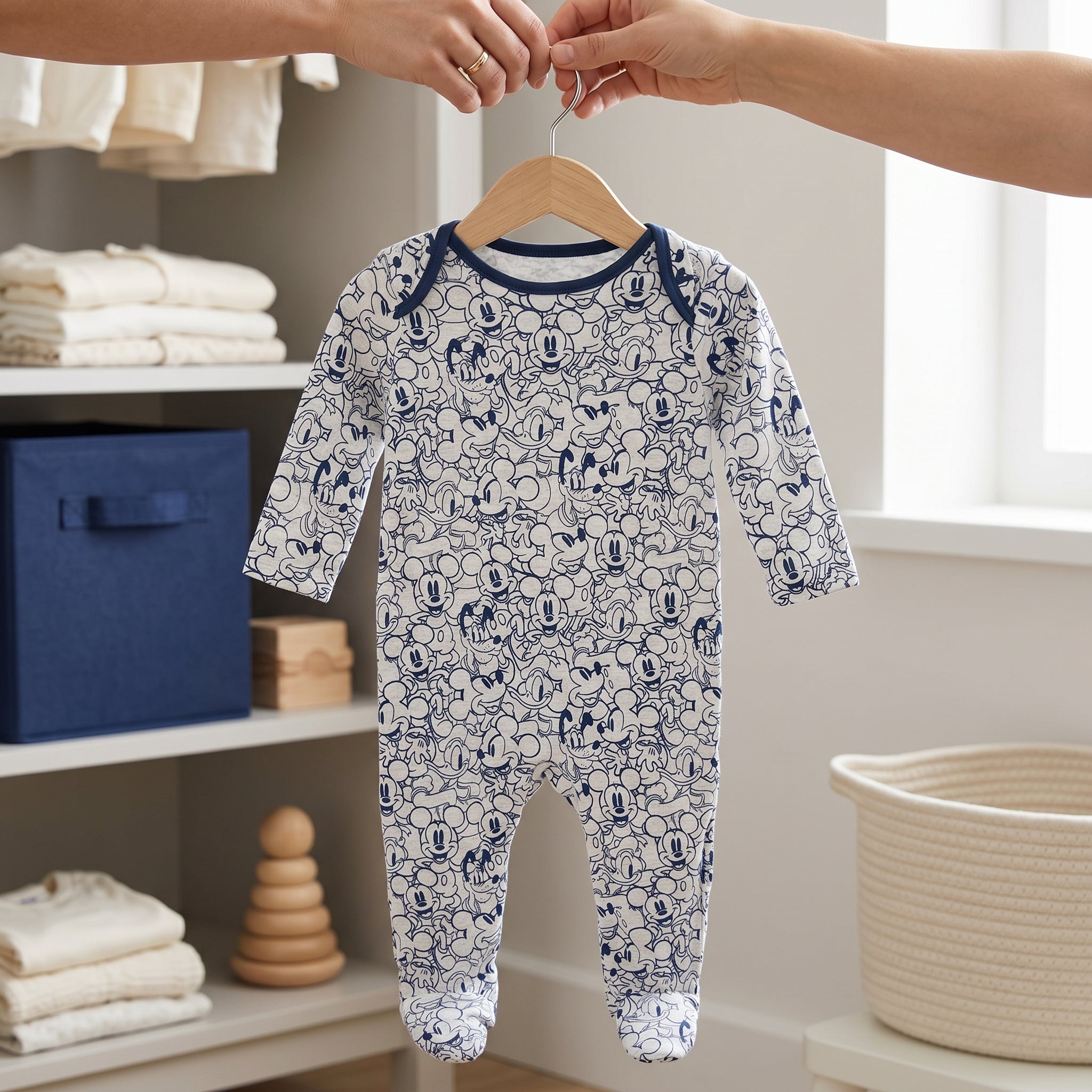 White Navy Cartoon Mouse Print Baby Romper