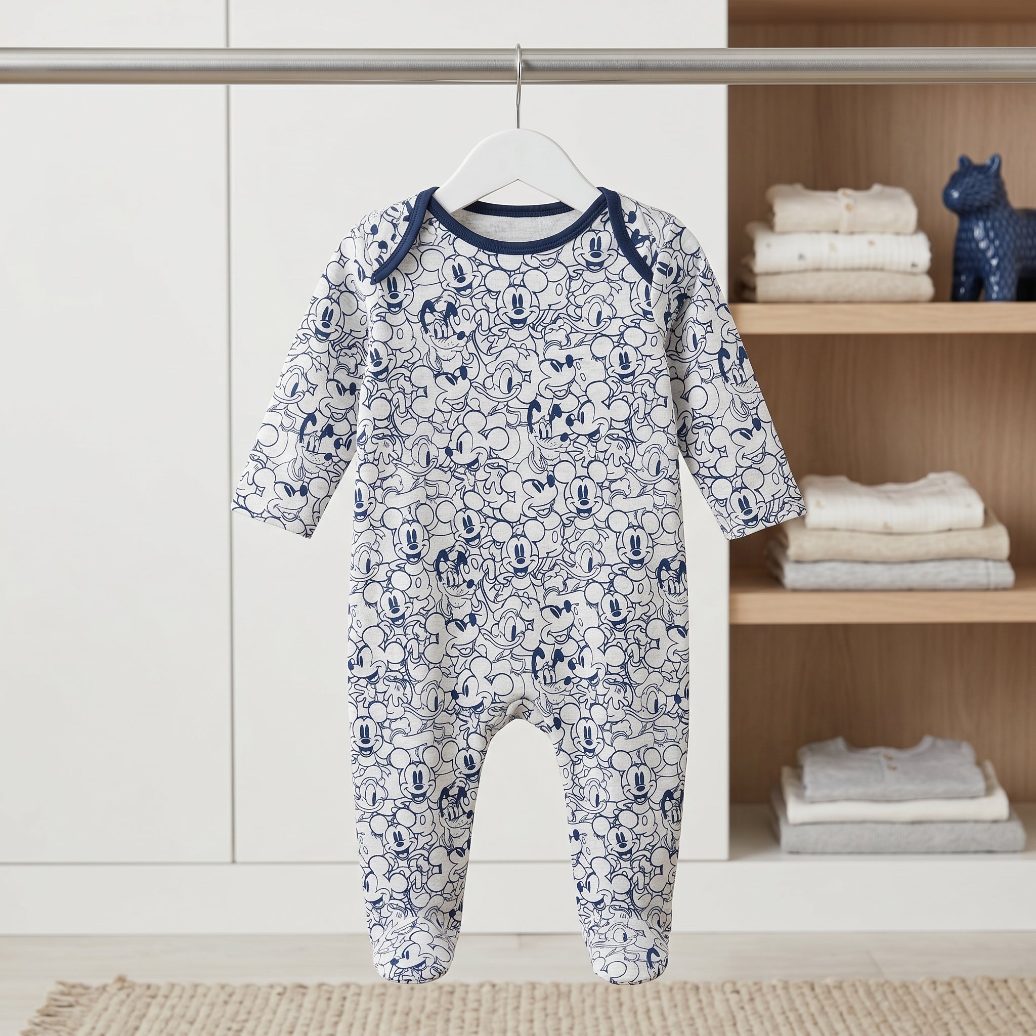 White Navy Cartoon Mouse Print Baby Romper
