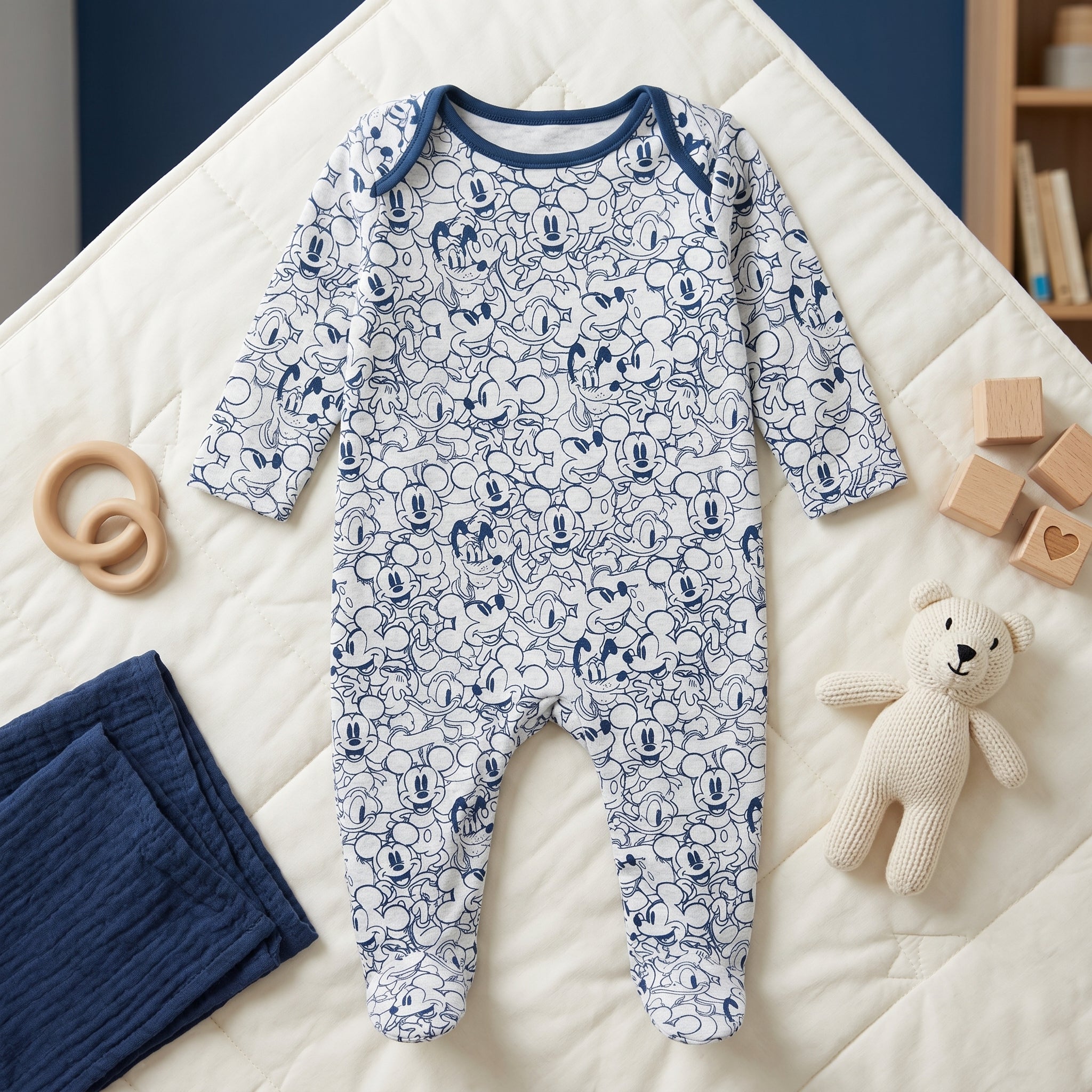 White Navy Cartoon Mouse Print Baby Romper