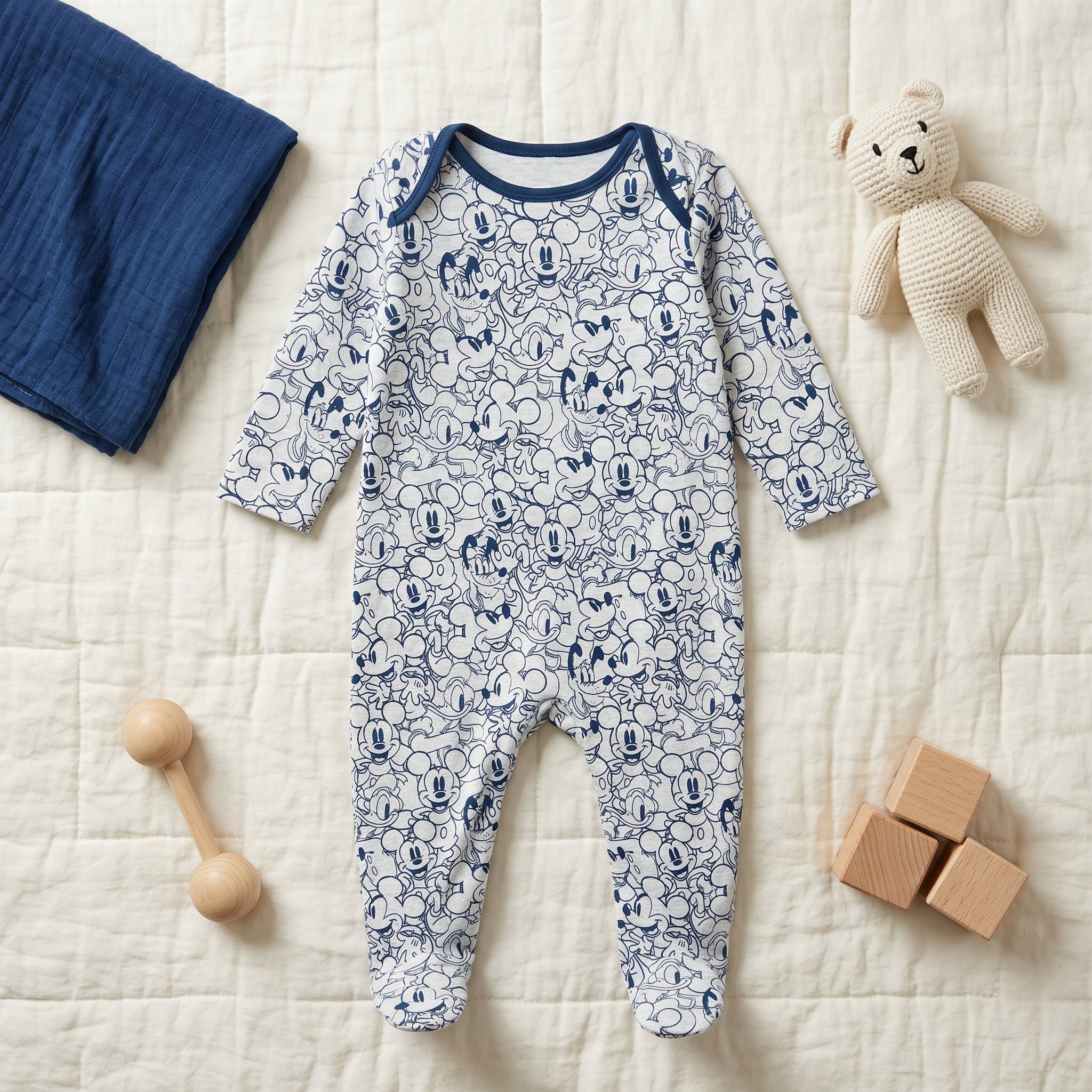 White Navy Cartoon Mouse Print Baby Romper