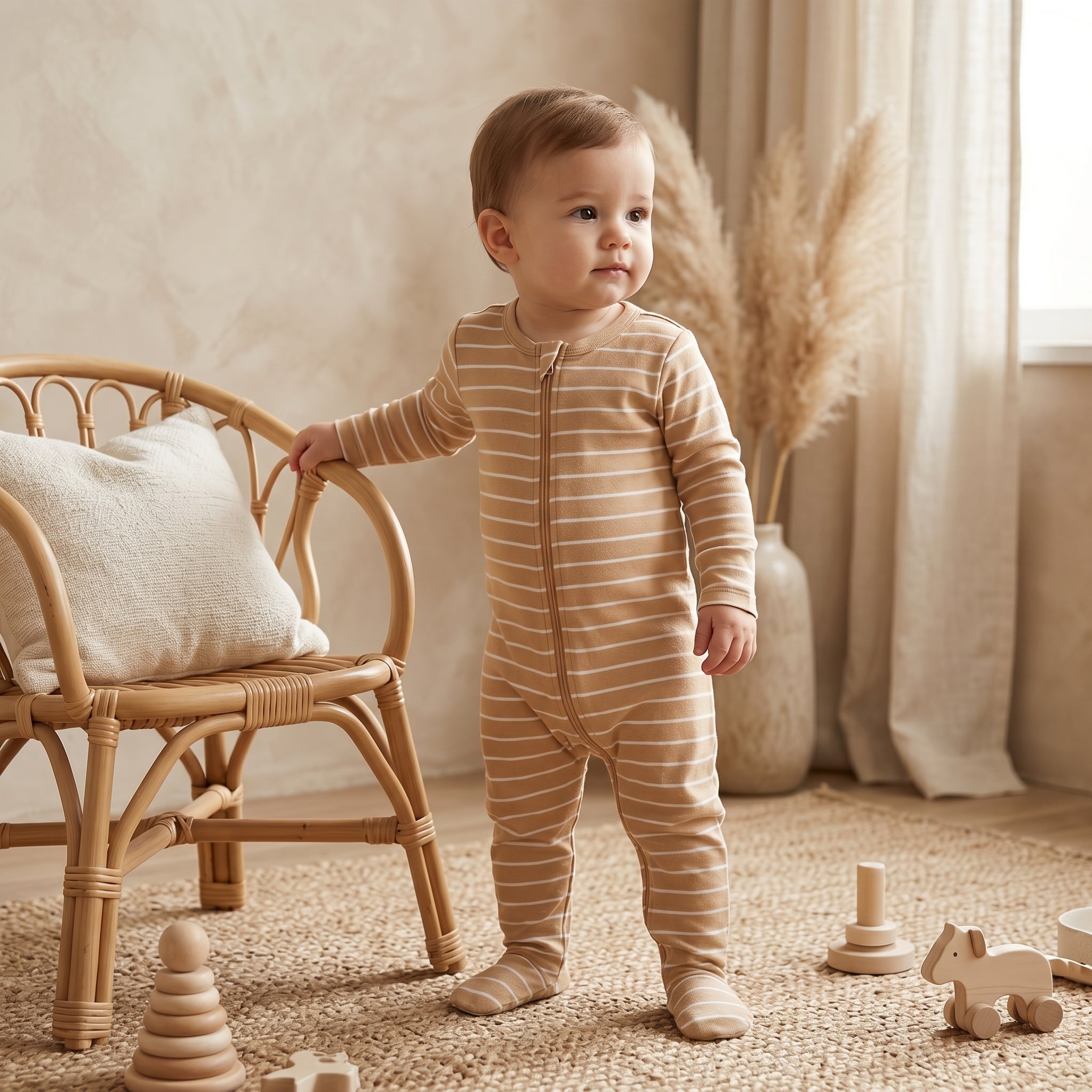 Beige Striped Zipper Baby Romper