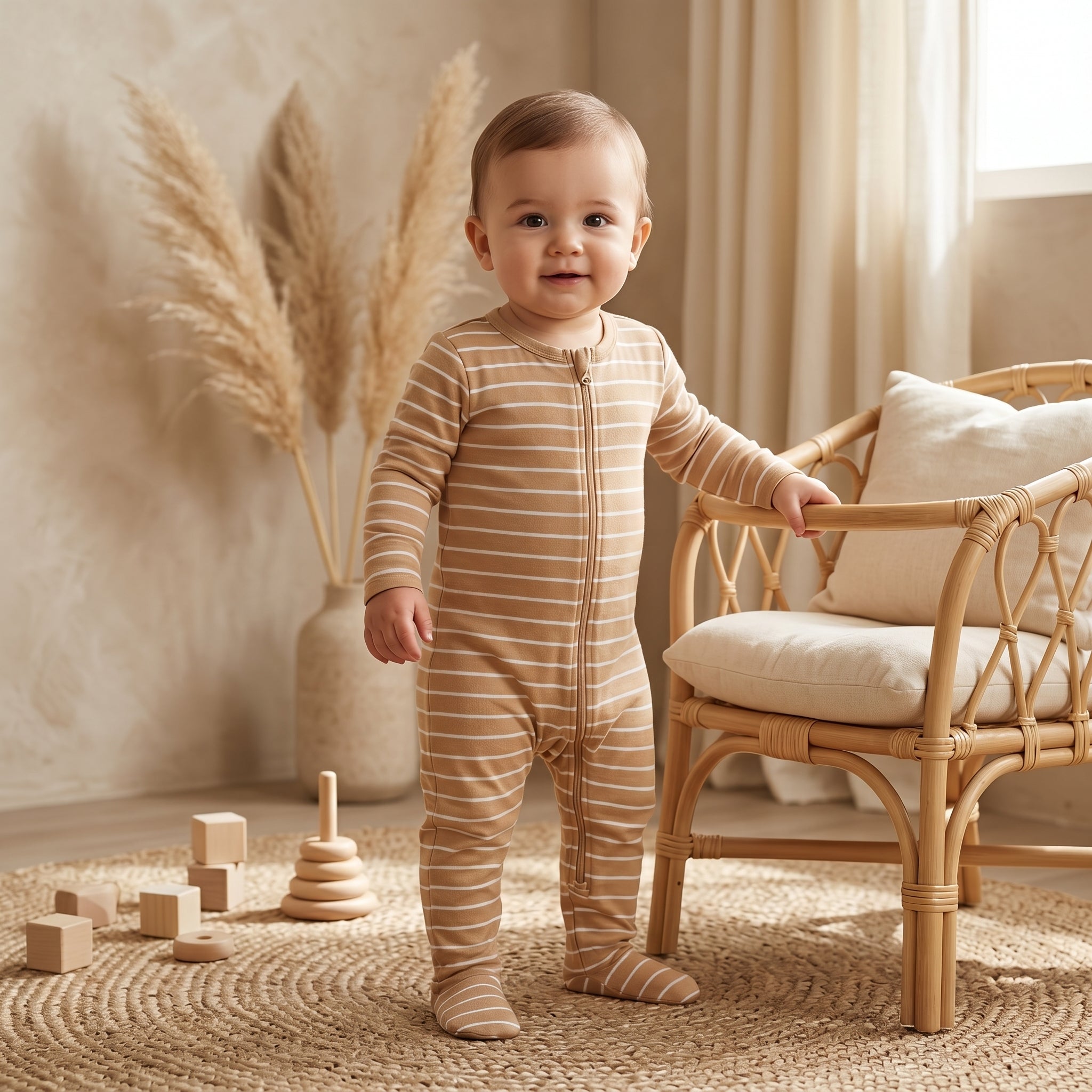 Beige Striped Zipper Baby Romper