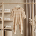 Beige Striped Zipper Baby Romper