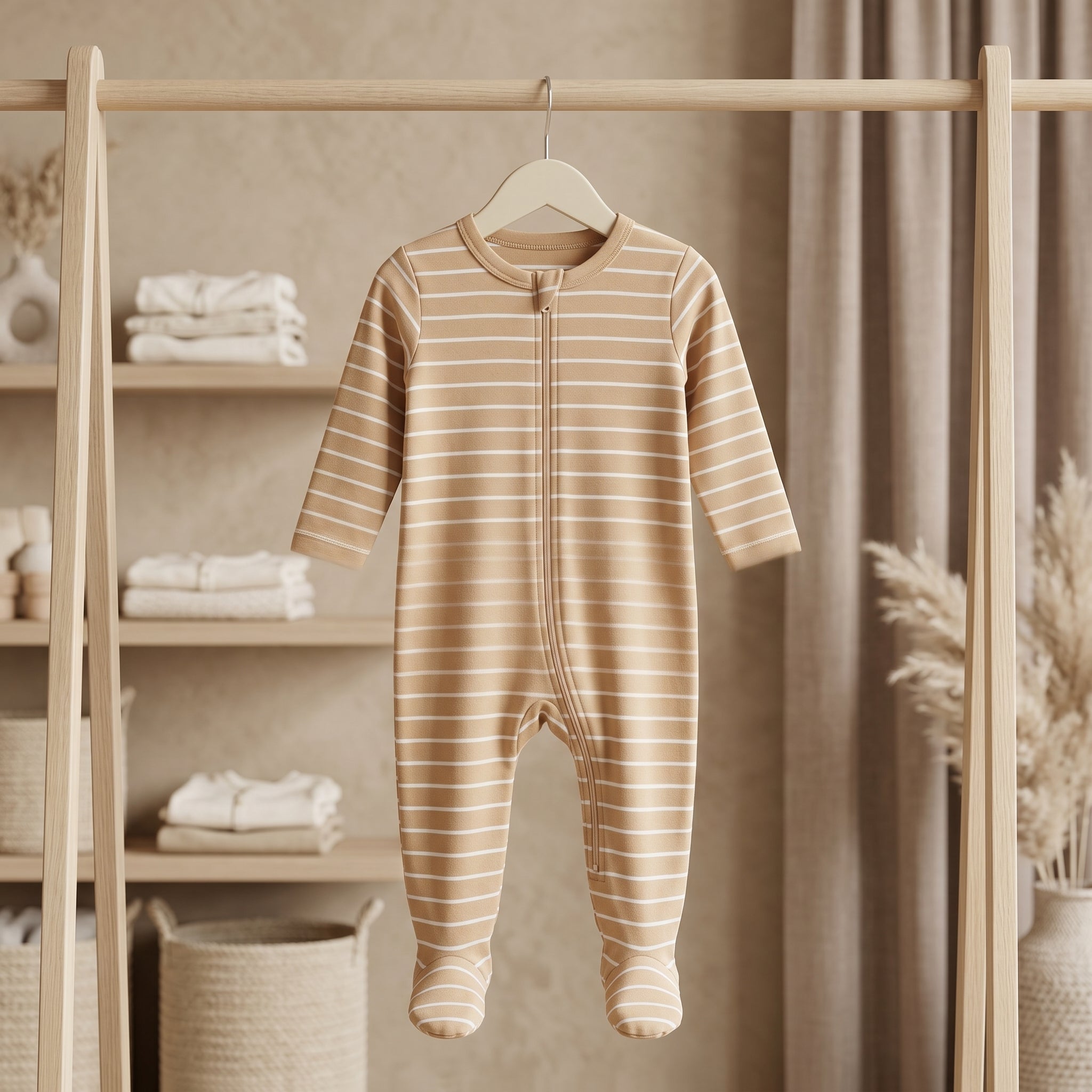 Beige Striped Zipper Baby Romper