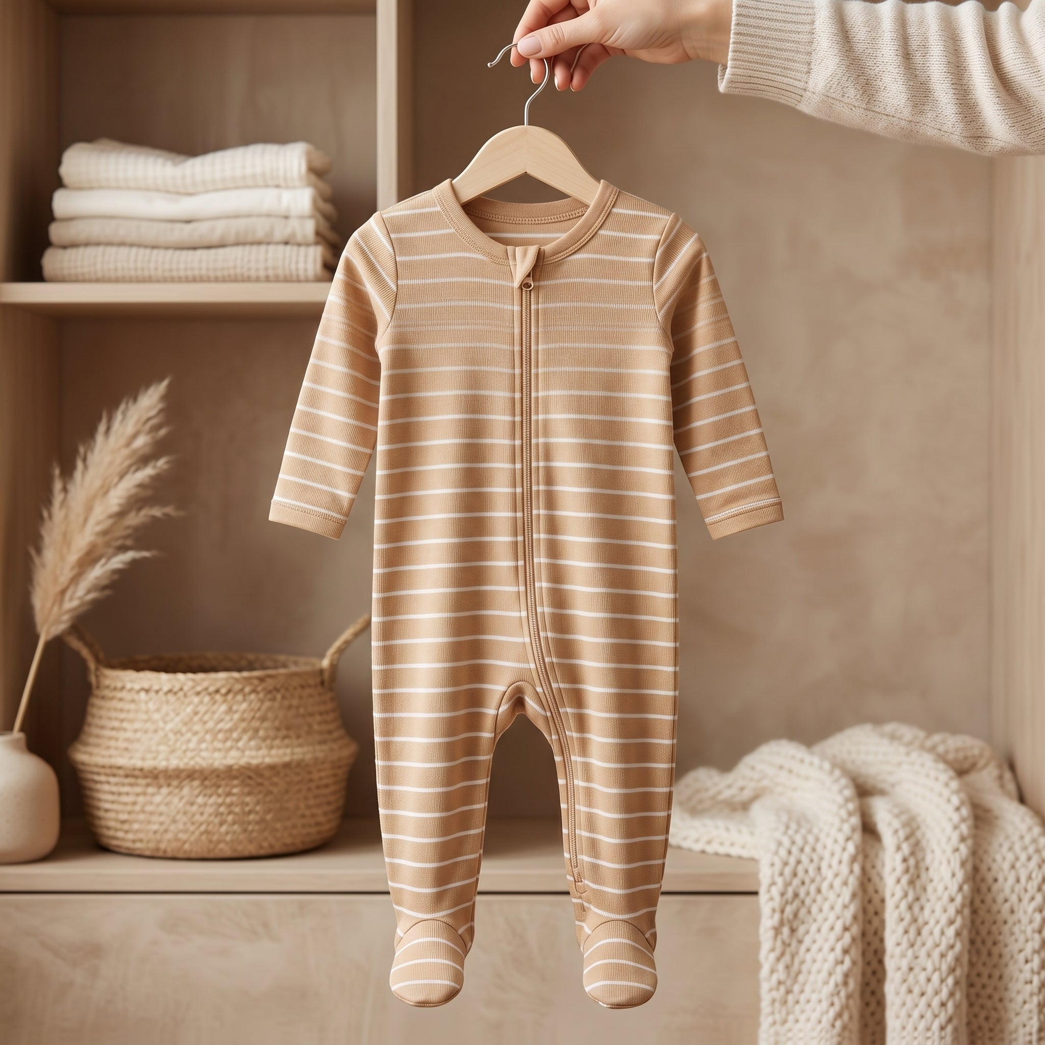Beige Striped Zipper Baby Romper