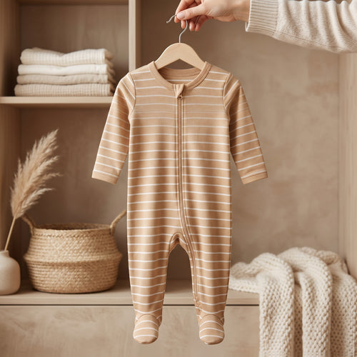 Beige Striped Zipper Baby Romper