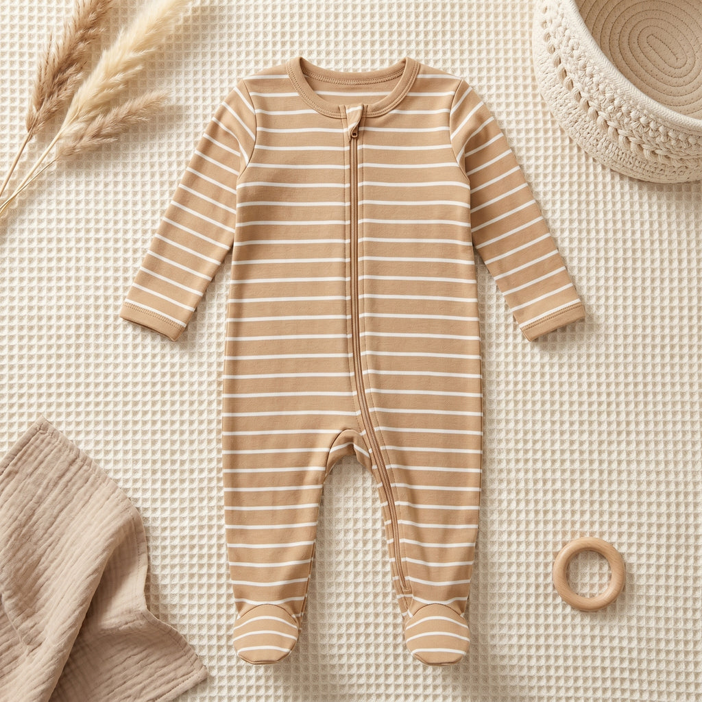 Beige Striped Zipper Baby Romper