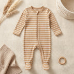 Beige Striped Zipper Baby Romper
