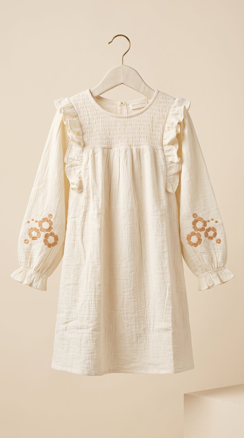 White Cotton Floral Embroidered Ruffle Sleeve Dress for Girls
