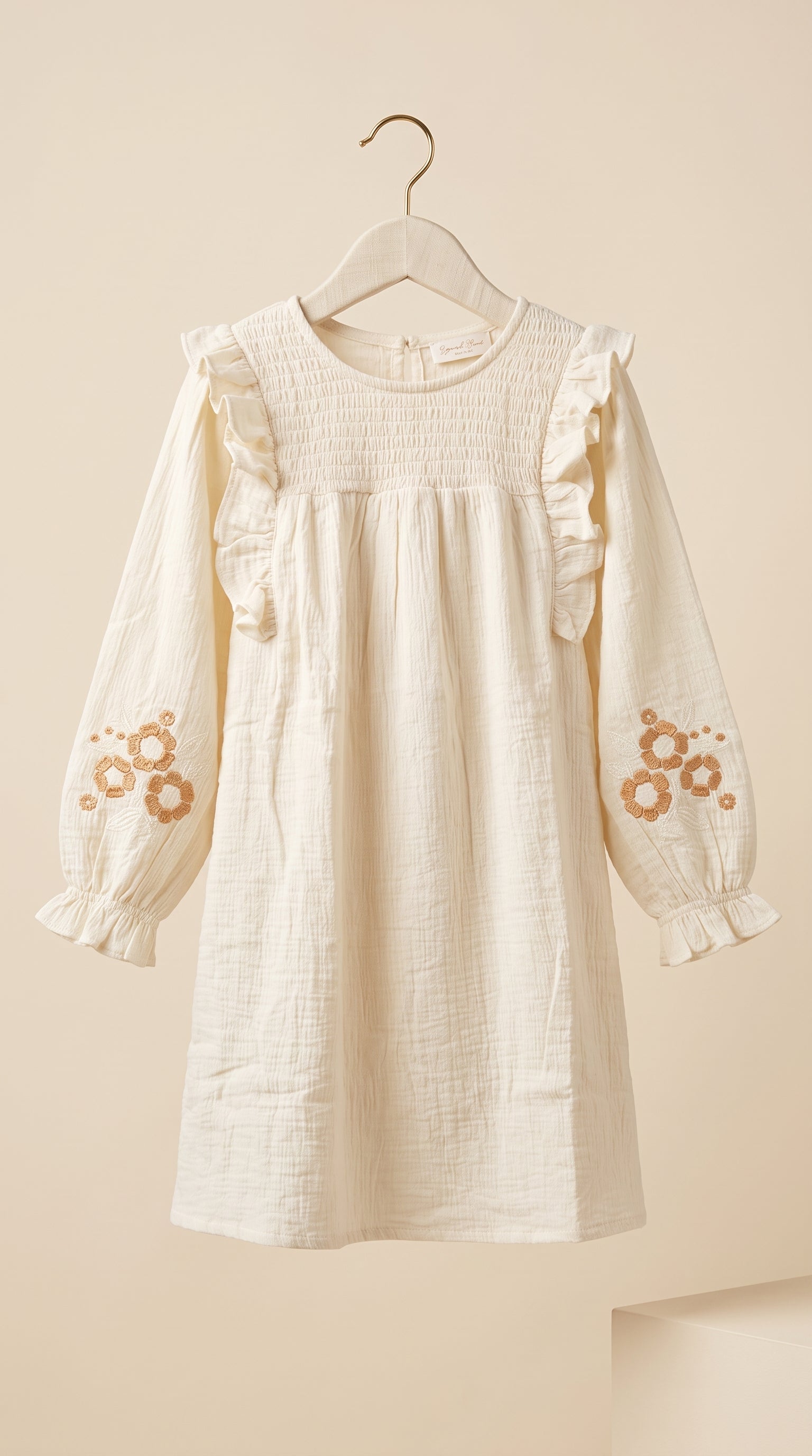 White Cotton Floral Embroidered Ruffle Sleeve Dress for Girls
