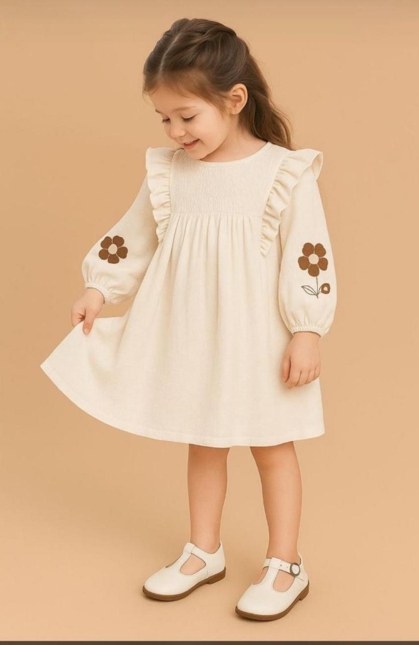 Off-White Floral Embroidered Cotton Dress for Girls