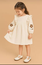 Off-White Floral Embroidered Cotton Dress for Girls