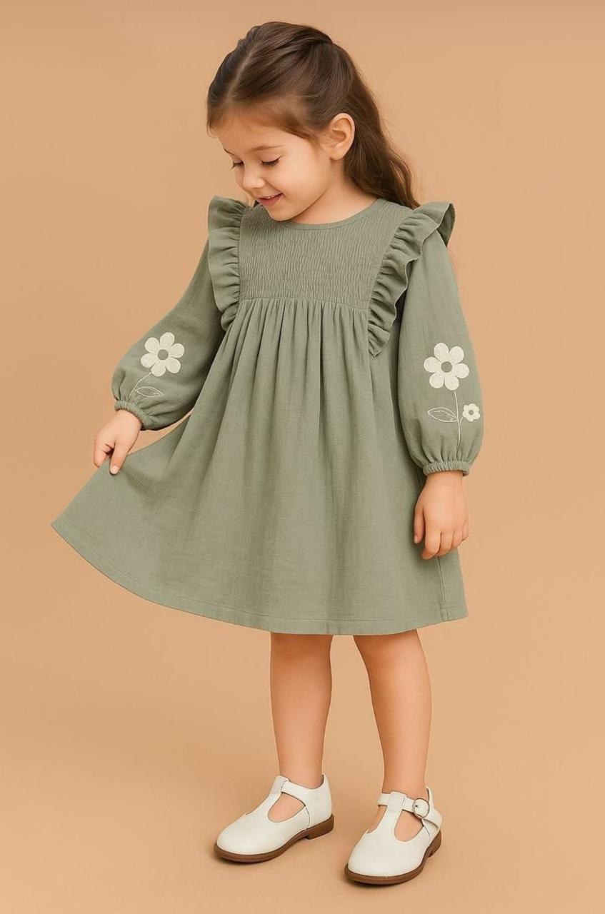 Sage Green Floral Embroidered Cotton Frock Dress for Girls